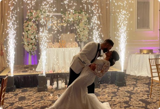 First dance framed by cold spark fountains